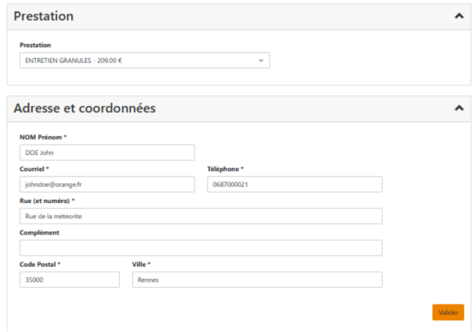 Choix d'une prestation de ramonage dans la prise de rendez-vous en ligne OpenFire