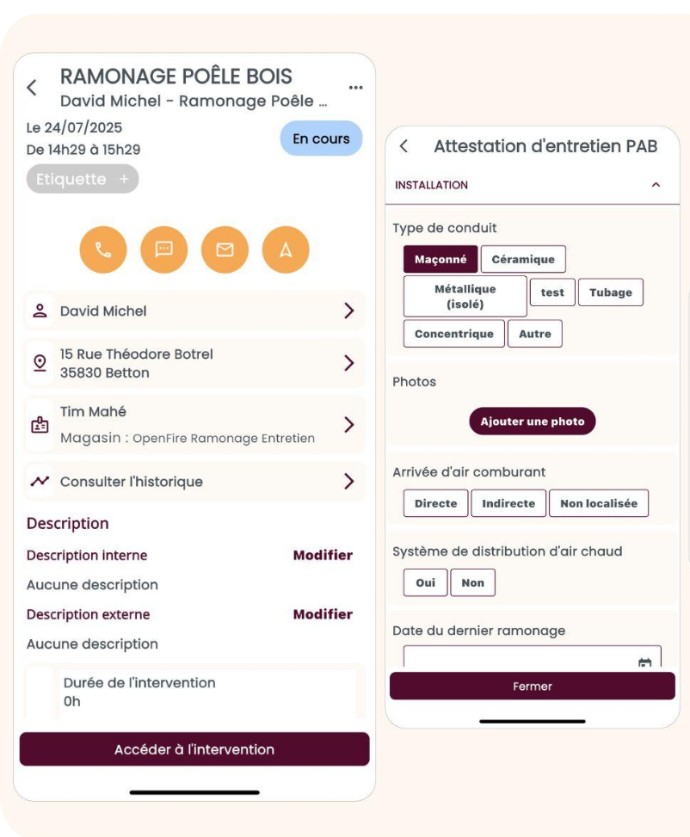 Documentation d'une intervention de ramonage avec rapport et photos dans l'application mobile OpenFire