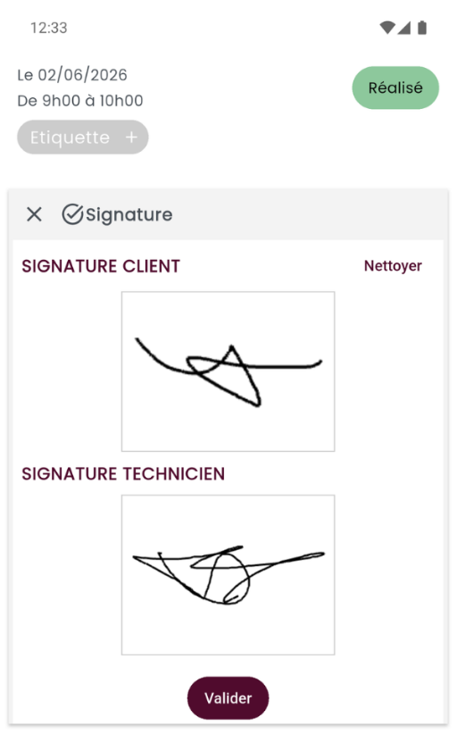 Signature du client et du technicien sur une intervention de ramonage dans l'application mobile OpenFire