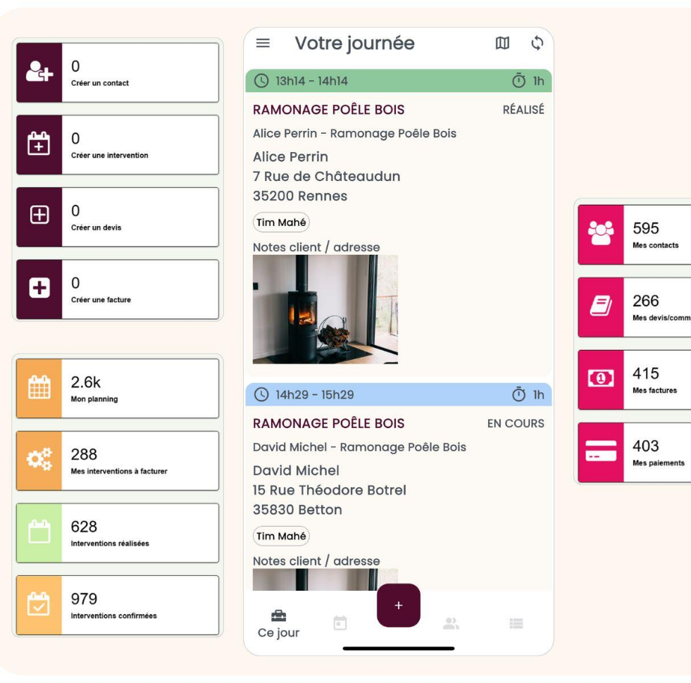 Planning de la journée dans l'application mobile OpenFire pour ramoneur