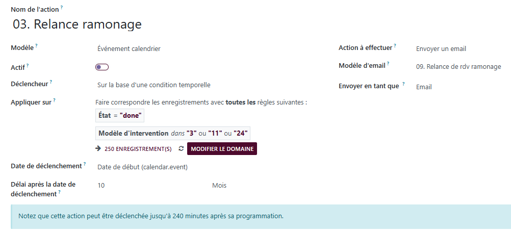 Paramétrage d'une relance automatique de ramonage dans OpenFire