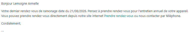 Exemple d'e-mail automatique de rappel de ramonage envoyé avec OpenFire