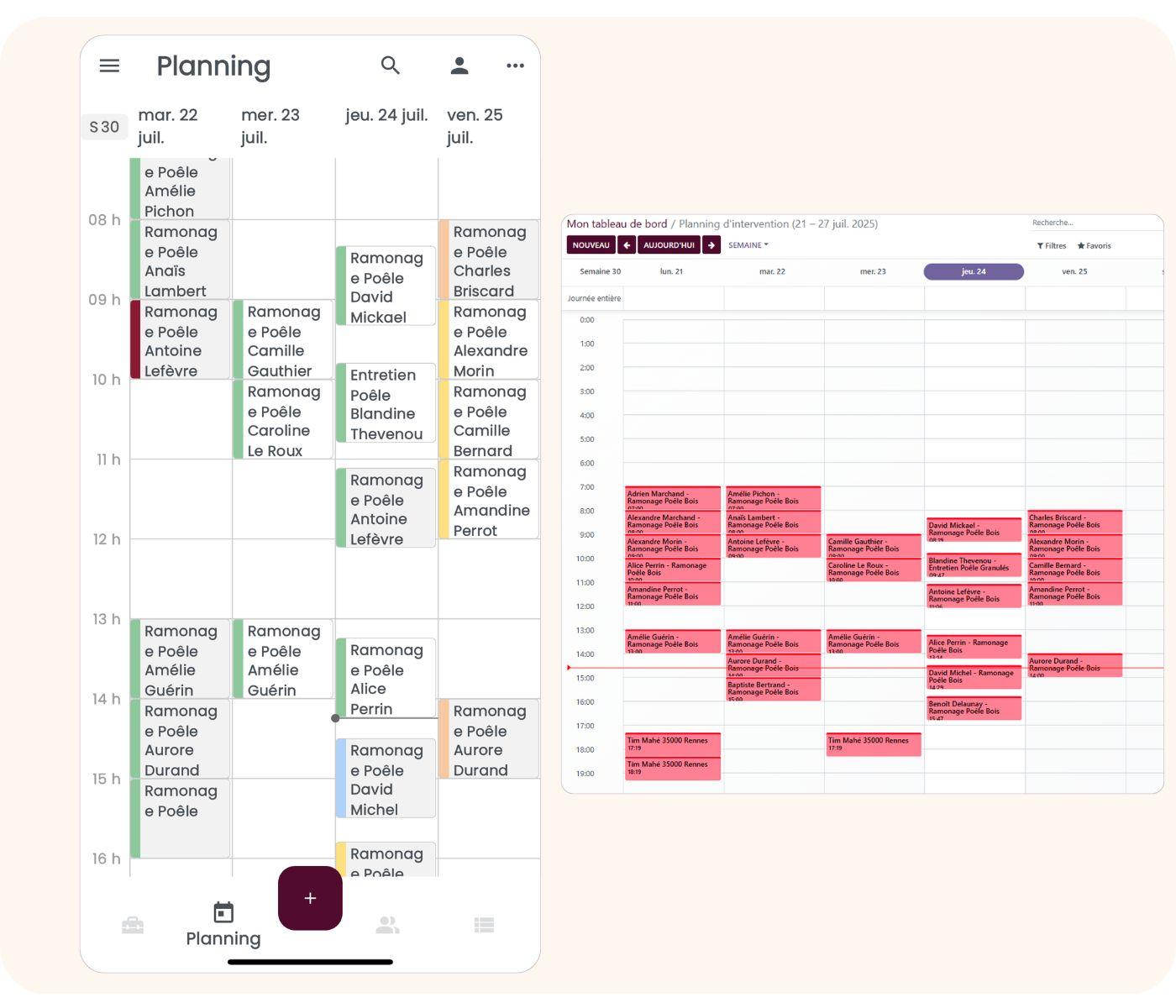 Planning vue mobile pour intervention